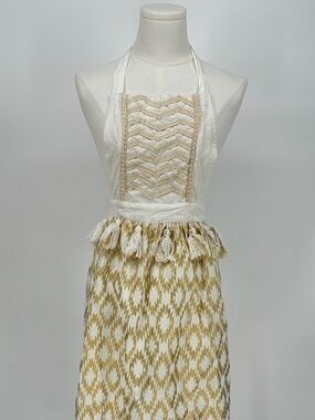 Max Studio Home Boho Cream Gold Metallic Ikat Apron with Tassels and Chevron Bib